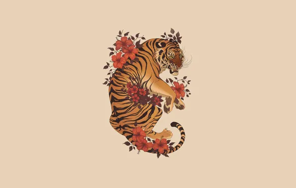 Flowers, Minimalism, Tiger, Style, Fantasy, Art, Art, Tiger