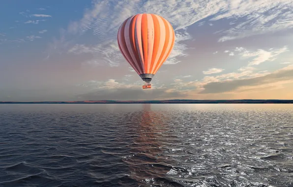 Picture the sky, the sun, clouds, lake, balloon, shore, balloon