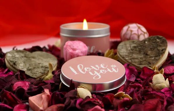 Love, the inscription, romance, candle, petals, hearts, Valentine's day