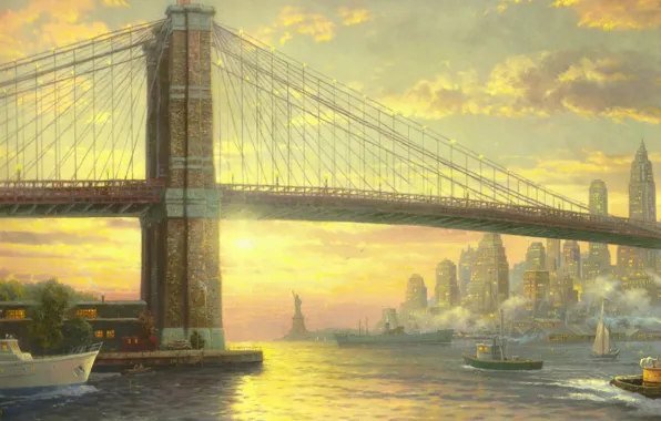 Picture bridge, city, the ocean, building, New York, flag, boat, sail