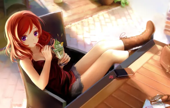 Picture look, girl, surprise, phone, drink, sitting, art, love live! school idol project