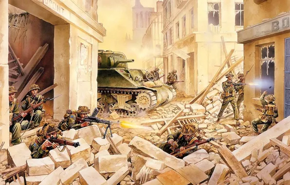 Picture meaning, art, soldiers, tank, ruins, the battle, capture, operation