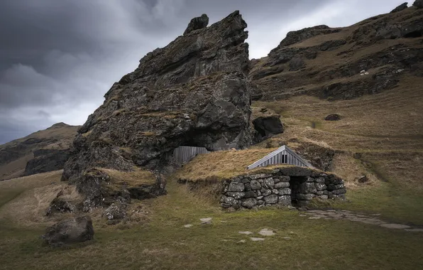 Field, mountains, clouds, stones, rocks, slope, house, masonry