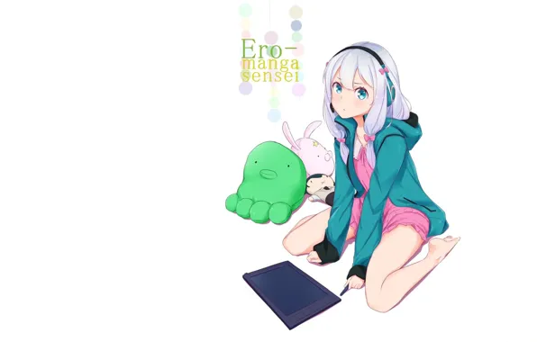 Picture headphones, girl, white background, blue eyes, tablet, white hair, on my knees, soft toys