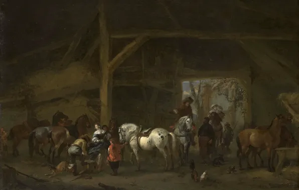 Picture trees, animal, oil, picture, Philips Bowerman, Horses in the Stable