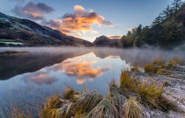 Picture mountains, fog, lake, reflection, morning, freezing