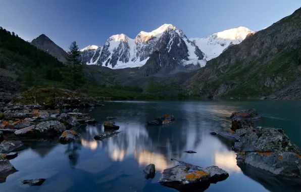 Picture forest, summer, mountains, lake, blue, stones, the slopes, tops