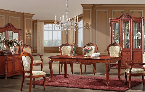Table, furniture, chairs, interior, mirror, chandelier, vases, interior