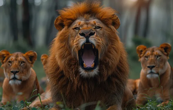 Mouth, Leo, Fangs, Three, Digital art, Grin, Predators, Lioness