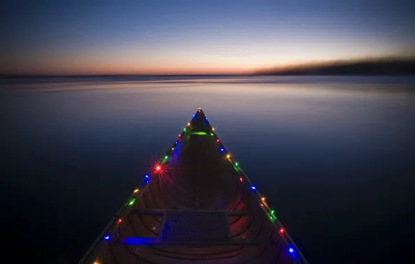 Picture river, boat, colorful, in the lights