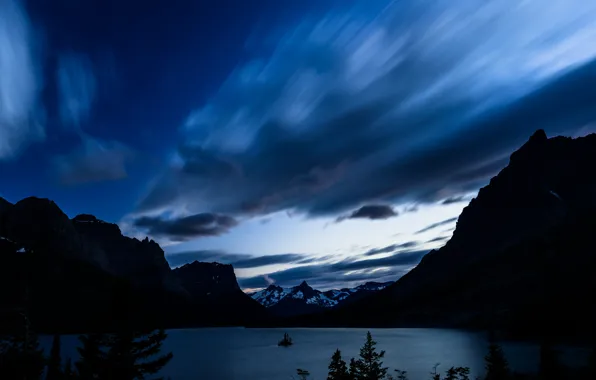 The sky, clouds, landscape, mountains, night, nature, lake, darkness