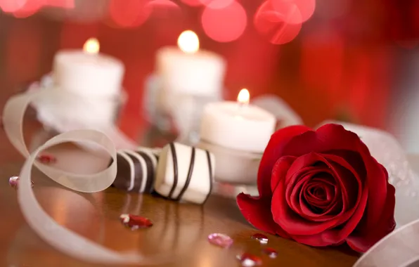Glare, fire, rose, candles, candy, red, ribbons, bokeh