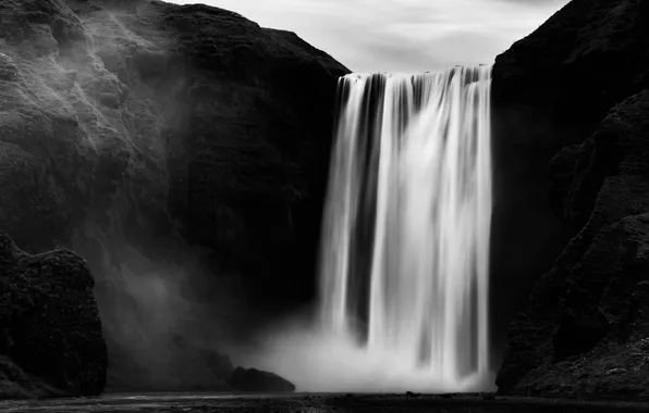 Rock, waterfall, black and white, Iceland, Skogafoss, George Eleftheriadis