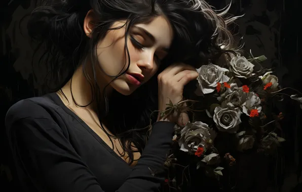 Picture roses, beauty, brunette, a bouquet of flowers, in black, Nega, digital art, digital art