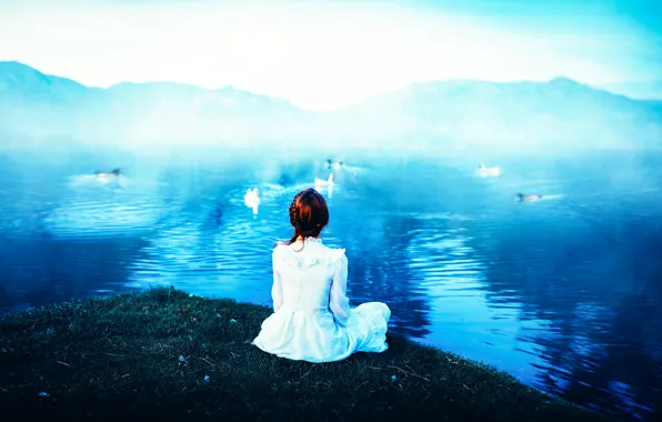 Picture girl, birds, lake, Ronny Garcia, The lake of the geese