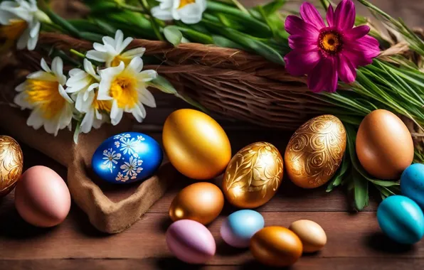 Picture flowers, eggs, spring, colorful, Easter, happy, flowers, spring