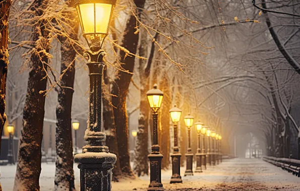 Picture winter, snow, trees, night, lights, Park, street, lights