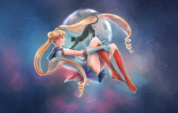 Picture cat, girl, stars, the moon, art, bishoujo senshi sailor moon, sailor, Luna