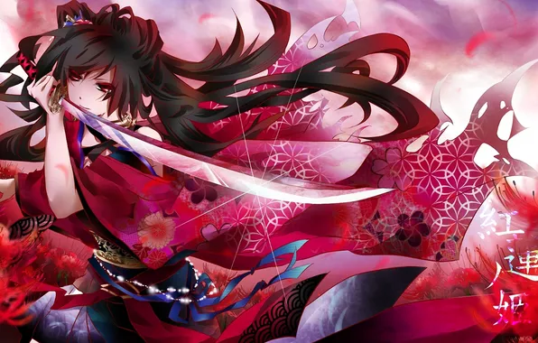 Picture girl, flowers, sword, katana, art, characters, red, kimono
