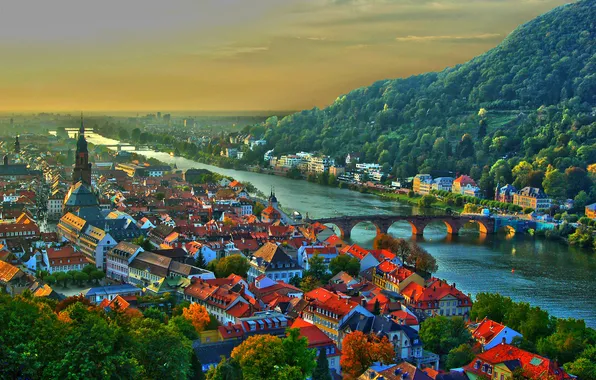 Picture the sky, sunset, mountains, bridge, river, home, Germany, panorama