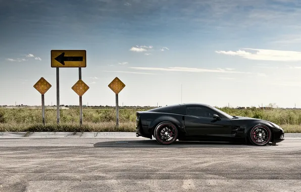 Picture road, sign, black, Machine, corvette, chevrolet