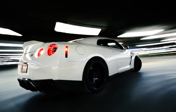 Picture Nissan, white, gtr, speed, back