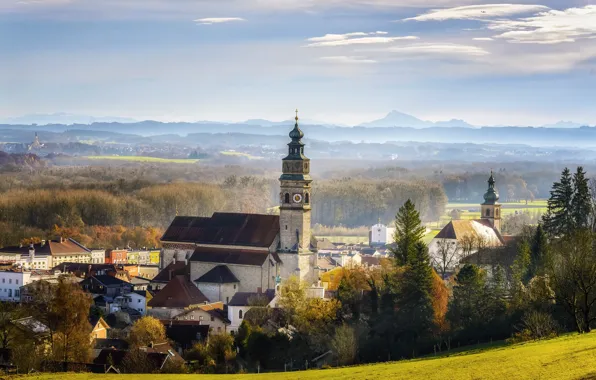 Landscape, nature, home, Germany, Bayern, Church, town, forest