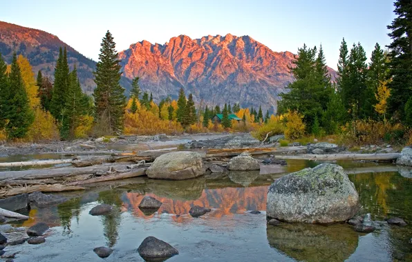 Picture autumn, the sky, trees, sunset, mountains, lake, reflection, stones