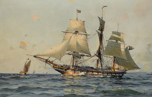 Seascape, Herman Gustav Sillen, Swedish warship, The sea and ships