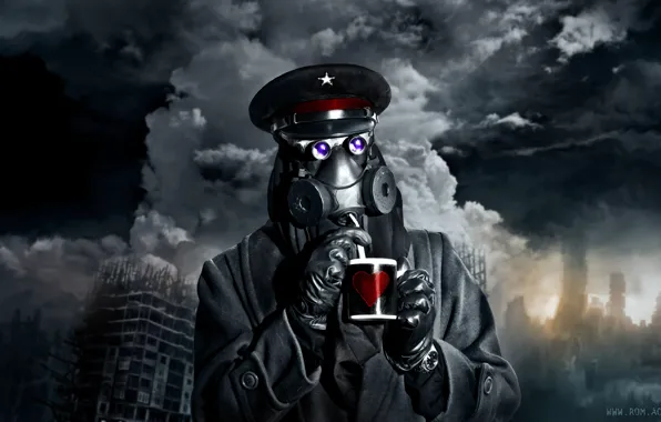 The sky, mask, mug, Captain, devastation, romance of the Apocalypse, romantically apocalyptic