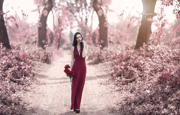 Picture road, autumn, flowers, style, mood, model, roses, dress