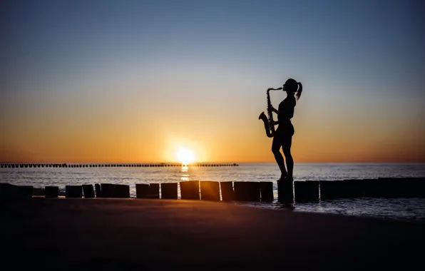 Sea, beach, girl, sunset, shore, saxophone