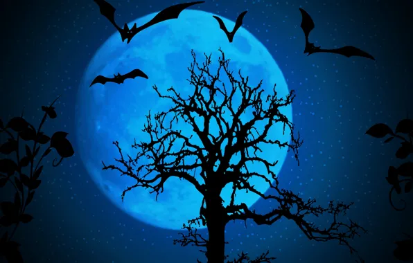 Picture stars, night, tree, the inscription, the moon, bats, Halloween