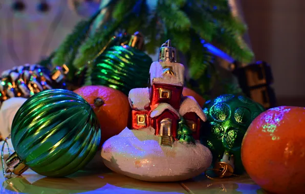 Balls, holiday, Christmas, New year, house, needles, Christmas decorations, new year decorations