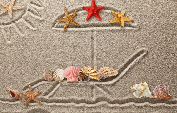 Picture sand, figure, shell, texture, sand, drawing, starfish, seashells