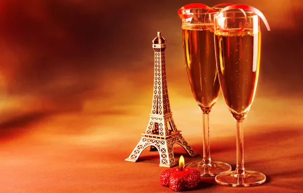 Mood, holiday, heart, candle, glasses, figurine, Eiffel tower, champagne