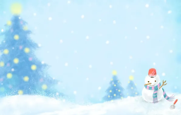 Winter, snow, lights, new year, scarf, bucket, snowman, tree