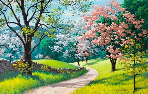 Road, green grass, spring, painting, Arthur Saron Sarnoff, stone fence, Spring Blossoms, trees in bloom
