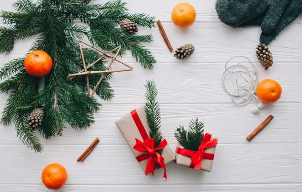 Decoration, New Year, Christmas, Christmas, wood, New Year, tangerines, decoration