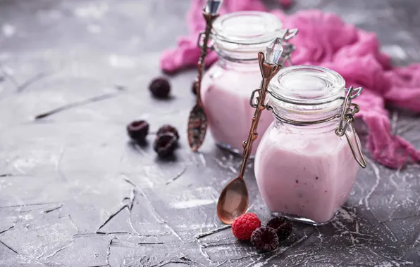 Picture berries, raspberry, Breakfast, jars, spoon, yogurt