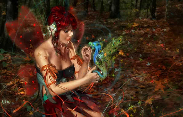 Picture forest, girl, dragon, wings, fairy, red, 3d art
