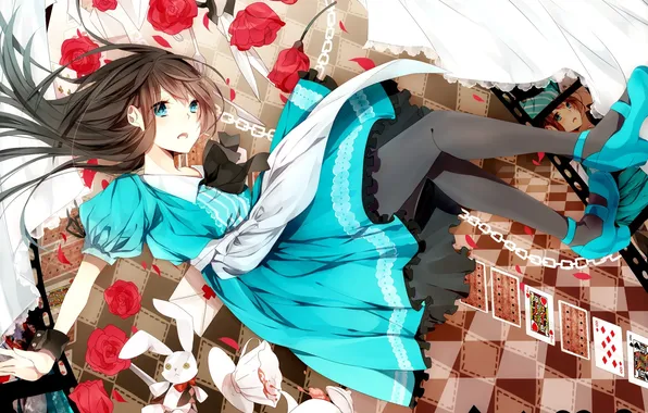 Card, girl, flowers, roses, anime, art, Cup, Alice