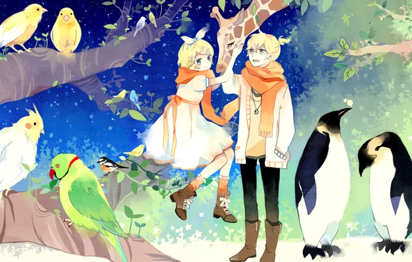Girl, trees, animal, branch, bird, penguins, scarf, art