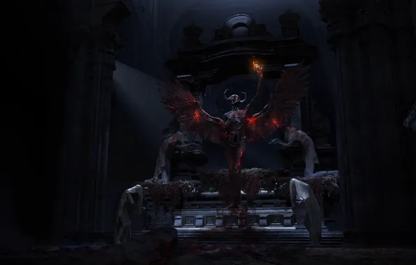 Skeleton, the devil, blood, on my knees, tomb, wings of fire, horned God, rite