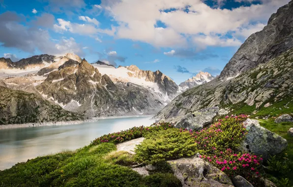Clouds, landscape, mountains, nature, lake, stones, vegetation, Switzerland