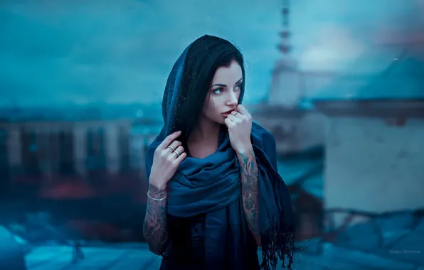 Look, girl, blue, the city, portrait, hands, scarf, brunette