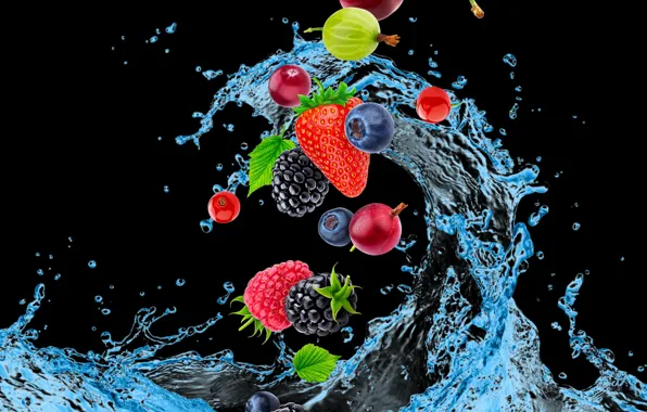 Water, drops, squirt, berries, raspberry, graphics, wave, splash