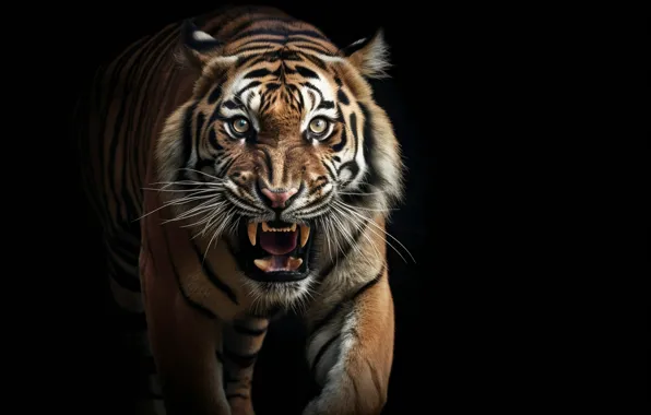 Face, tiger, black background, digital art, AI art, neural network, the art of artificial intelligence