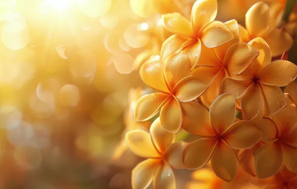 The sun, rays, light, flowers, yellow, orange, bokeh, Golden background