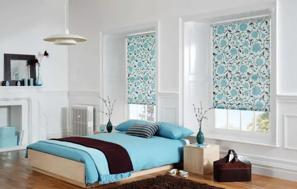Design, room, blue, linen, interior, chandelier, bedroom, vases